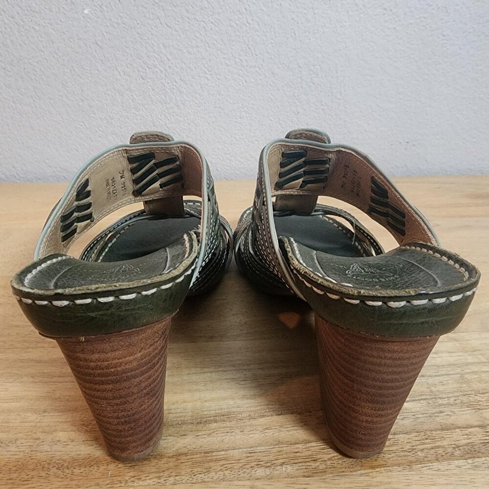 Frye Sandals Womens Size 7 Green Leather Woven Slide Mule High Heels 73370 - Picture 3 of 12